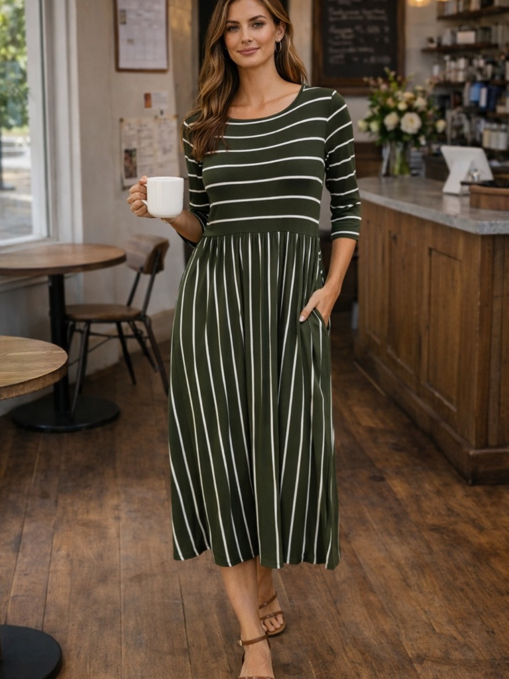 Iconic Luxe Olive Stripe Midi Dress | Pockets | Flowy & Flattering - med/large